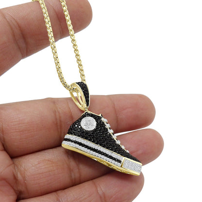 Authentic Genuine Sterling Silver Blank 2.00 Cwt. Simulated Diamond 14K Gold Over Designer Sports Shoe Sneaker Pendent Charm +Free Chain