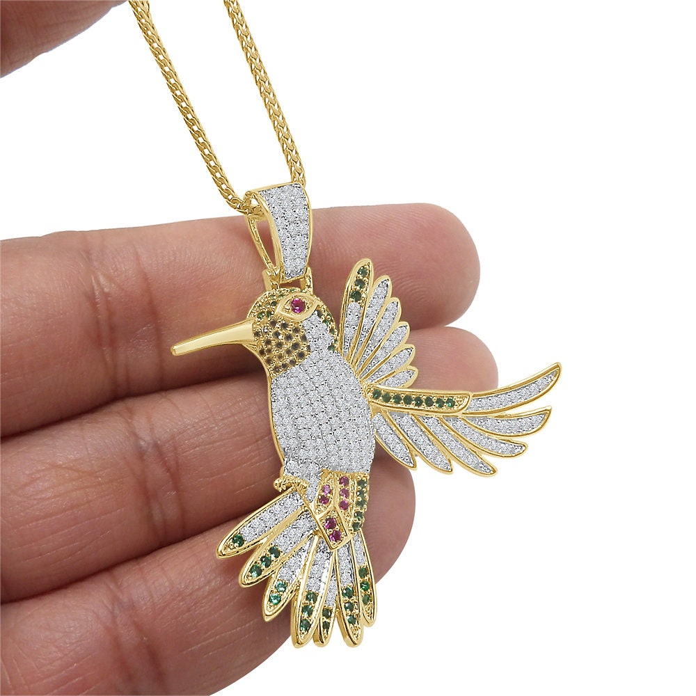 14K Gold Finish Multi Tone Simulated Diamond Hummingbird Pendant Mocking Charm Chain Set