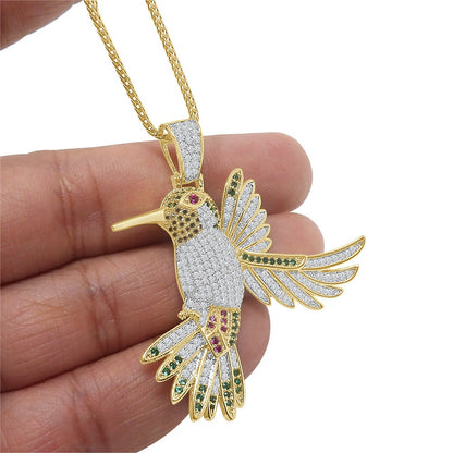 14K Gold Finish Multi Tone Simulated Diamond Hummingbird Pendant Mocking Charm Chain Set
