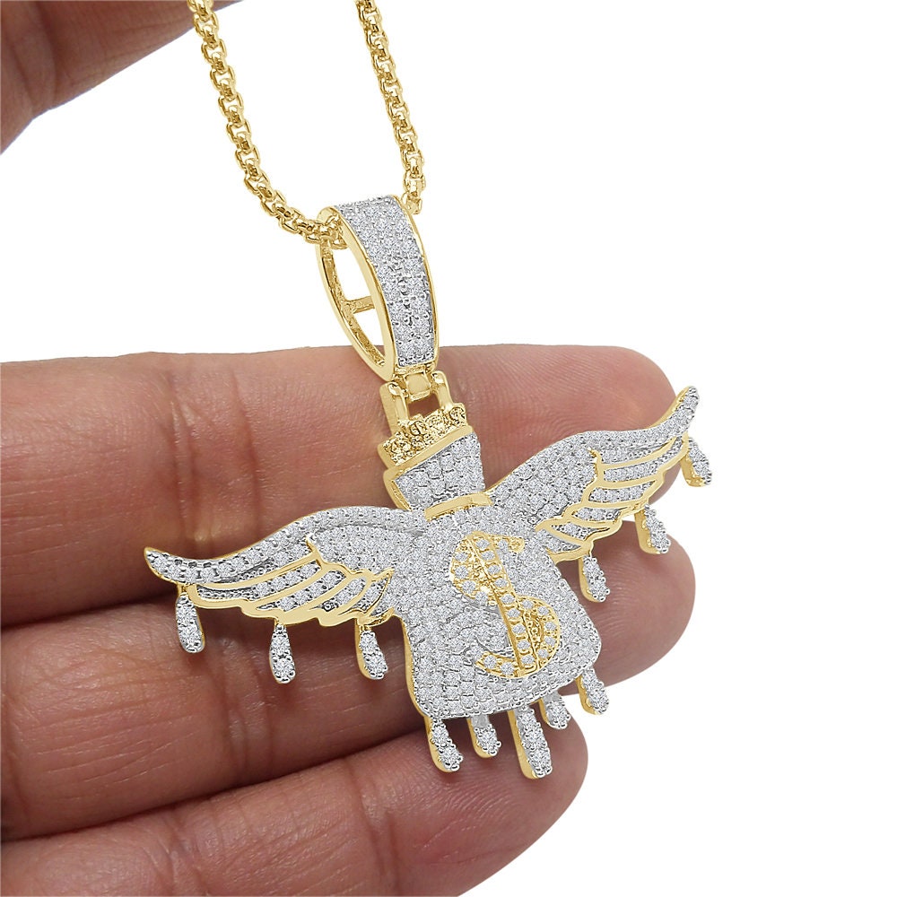 Custom Piece 14K Gold Over Simulated Diamond Flying Cash Money Dollar Bag Drip Pendant Pave Charm Chain Set 2.25''