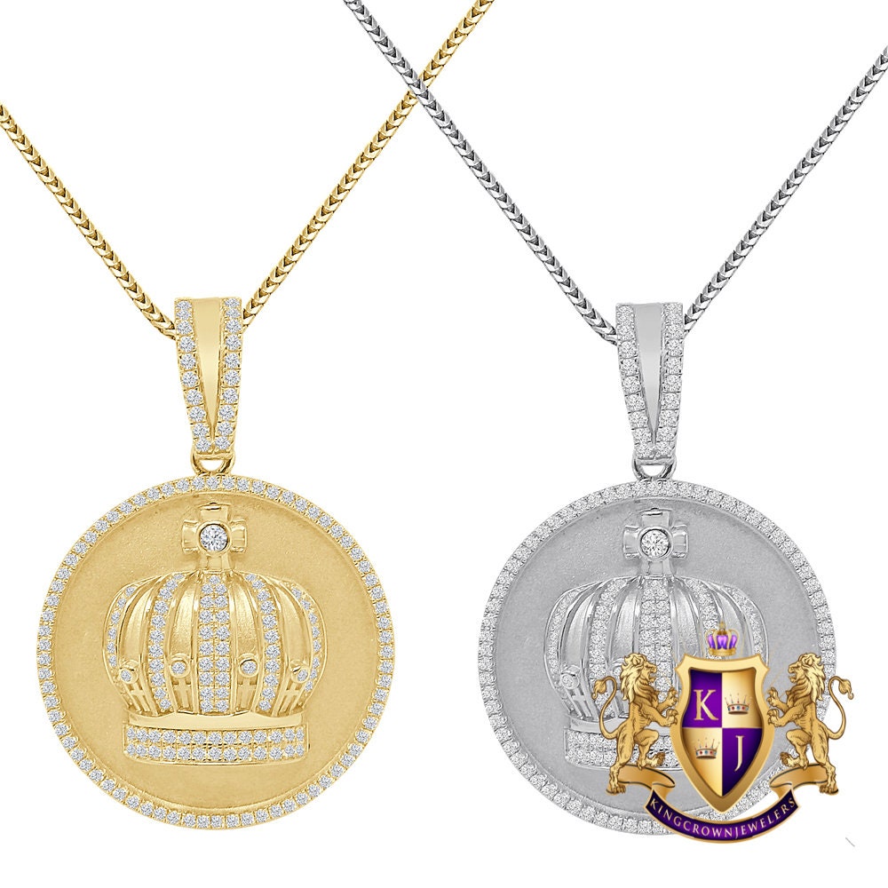 Men's Real Sterling Silver Simulated Diamond 14K Gold Over Round Medallion Kings Crown Pendent Charm 2''