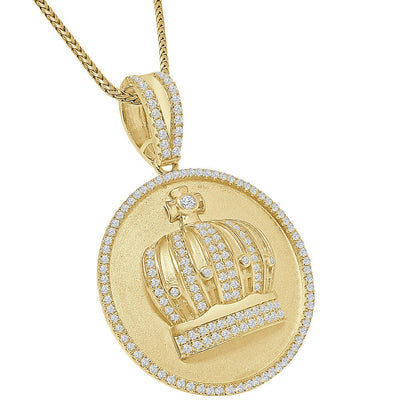 Men's Real Sterling Silver Simulated Diamond 14K Gold Over Round Medallion Kings Crown Pendent Charm 2''