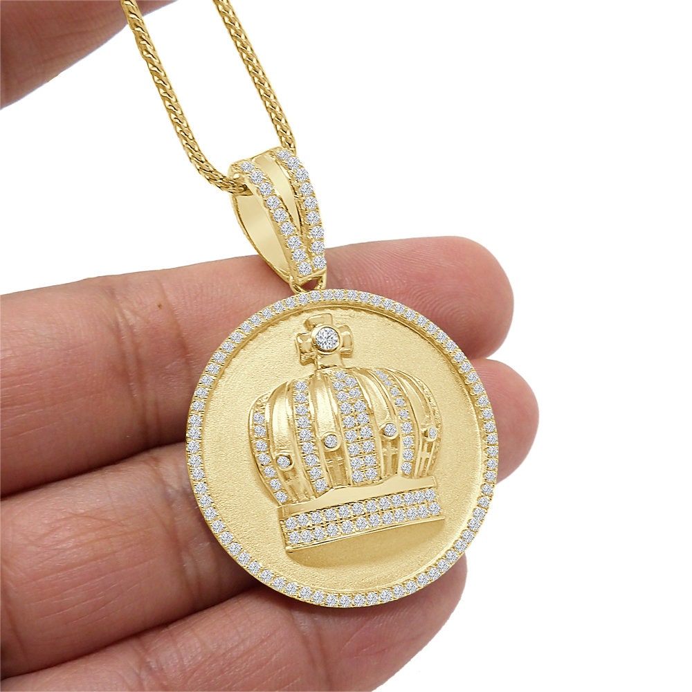 Men's Real Sterling Silver Simulated Diamond 14K Gold Over Round Medallion Kings Crown Pendent Charm 2''