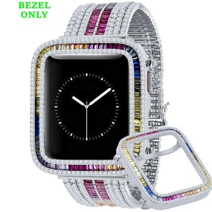 Rainbow Multi White Tone Baguette Simulated Diamond 12 Cwt. Apple Watch Bezel 44 mm Fit Series # 4,5,6 Custom Cover Case + Matching Band