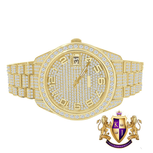 Solid Stainless Steel Solitaire Bezel 18K Yellow Gold Finish Full Iced Dial & Band Men's Simulated Diamond Watch 42mm W/Date