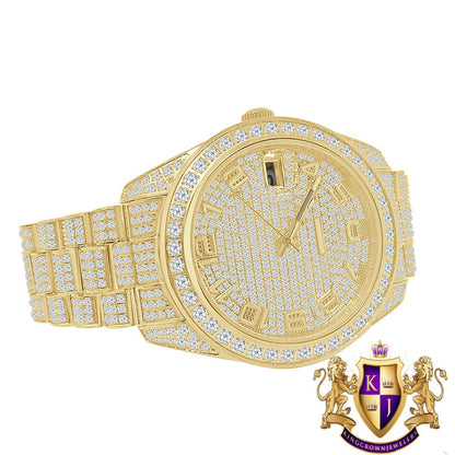 Solid Stainless Steel Solitaire Bezel 18K Yellow Gold Finish Full Iced Dial & Band Men's Simulated Diamond Watch 42mm W/Date