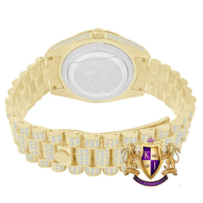 Solitaire Solid Steel Solitaire Bezel 18K Yellow Gold Finish Full Iced Dial & Band Men's Simulated Diamond Watch 42mm W/Date