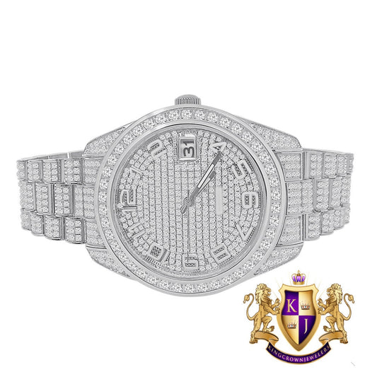 Solid Stainless Steel Solitaire Bezel 18K White Gold Finish Full Iced Dial & Band Men's Simlated Diamond Watch 42mm W/Date