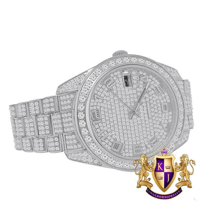 Solid Stainless Steel Solitaire Bezel 18K White Gold Finish Full Iced Dial & Band Men's Simlated Diamond Watch 42mm W/Date