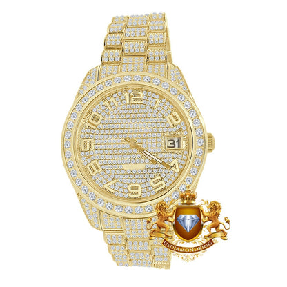 Solid Stainless Steel Solitaire Bezel 18K Yellow Gold Finish Full Iced Dial & Band Men's Simulated Diamond Watch 42mm W/Date