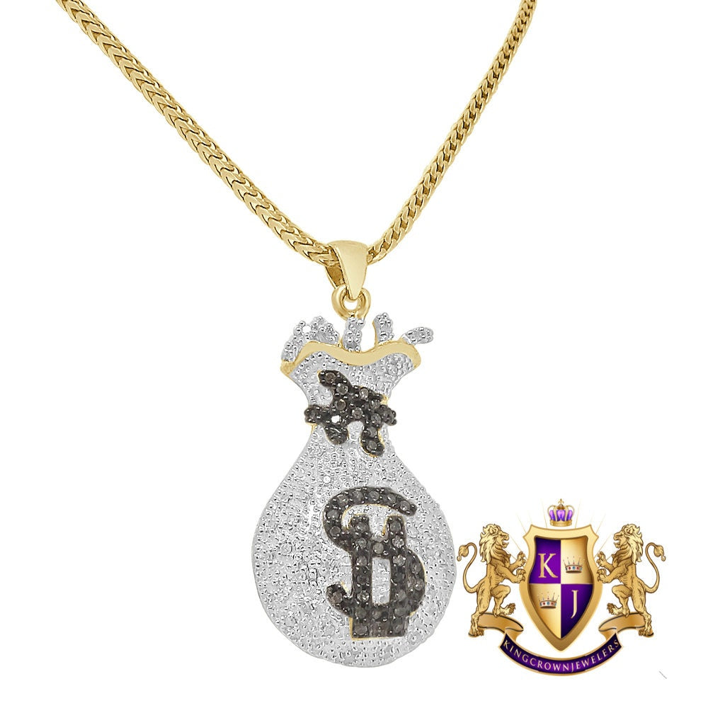 Real Genuine Diamond 0.40 Cwt. Dollar Sign Money Bag 10K Gold Finish Mini Pendent Charm Chain Set 1.50''