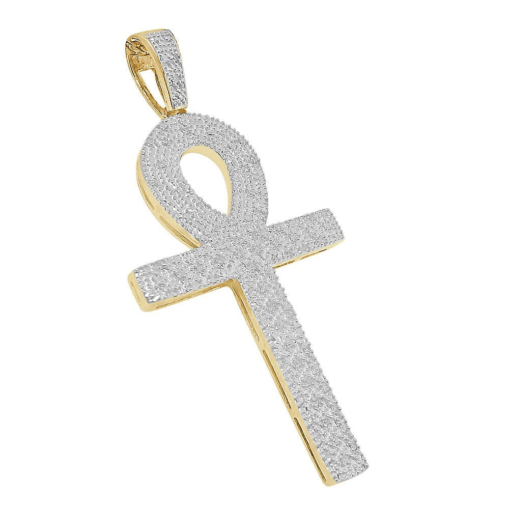 Real Genuine Diamond 0.40 Cwt. Egyptian Ankh Cross Piece Pendent Charm Chain Set 10K Gold Finish 2.35''