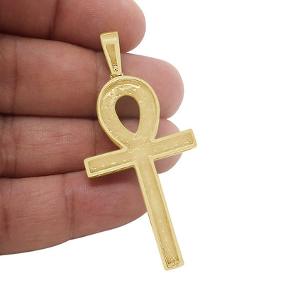 Real Genuine Diamond 0.40 Cwt. Egyptian Ankh Cross Piece Pendent Charm Chain Set 10K Gold Finish 2.35''