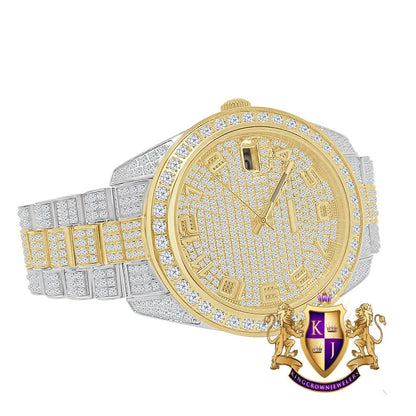 2 Tone Gold Finish Solid Stainless Steel Solitaire Bezel Full Iced Dial & Band Men's Simulated Diamond Watch 42mm W/Date
