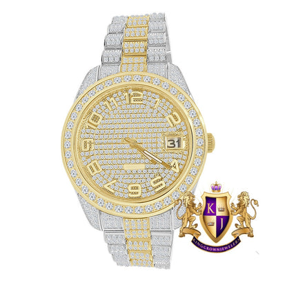 2 Tone Gold Finish Solid Stainless Steel Solitaire Bezel Full Iced Dial & Band Men's Simulated Diamond Watch 42mm W/Date