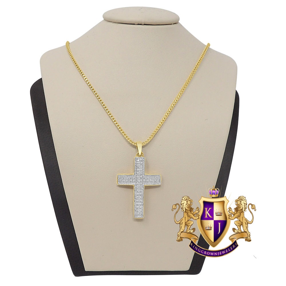 Unisex Real Genuine Diamond 10K Gold Finish Jesus Cross Mini Charm Pendent Chain Set 1.30''
