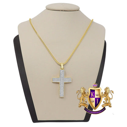 Unisex Real Genuine Diamond 10K Gold Finish Jesus Cross Mini Charm Pendent Chain Set 1.30''