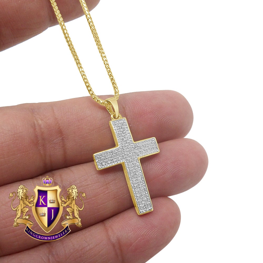 Unisex Real Genuine Diamond 10K Gold Finish Jesus Cross Mini Charm Pendent Chain Set 1.30''