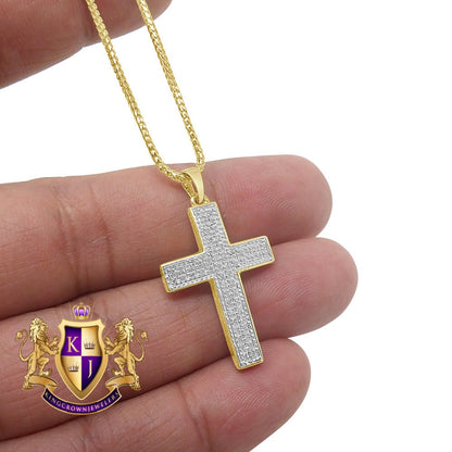Unisex Real Genuine Diamond 10K Gold Finish Jesus Cross Mini Charm Pendent Chain Set 1.30''