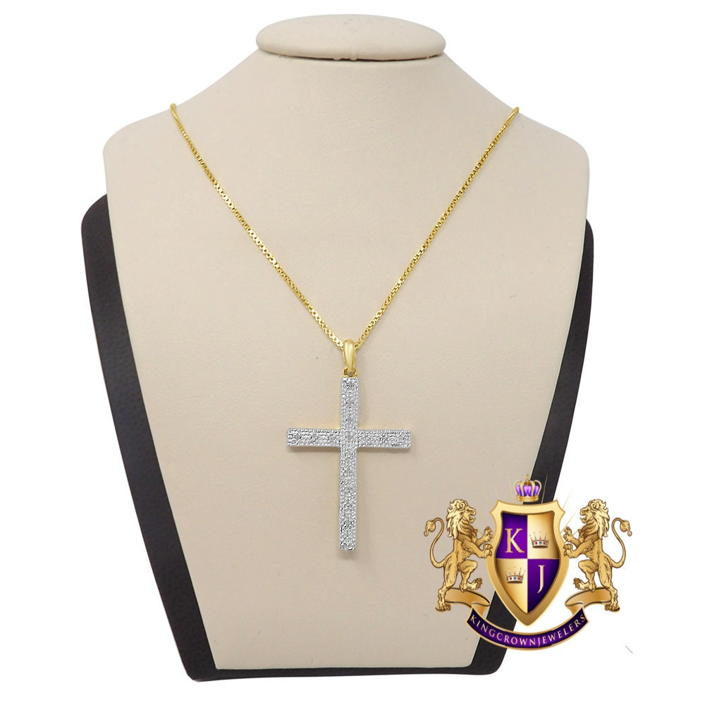 Real Genuine Diamond 10K Gold Finish Jesus Cross Mini Charm Pendent Chain Set 1.50'' Unisex
