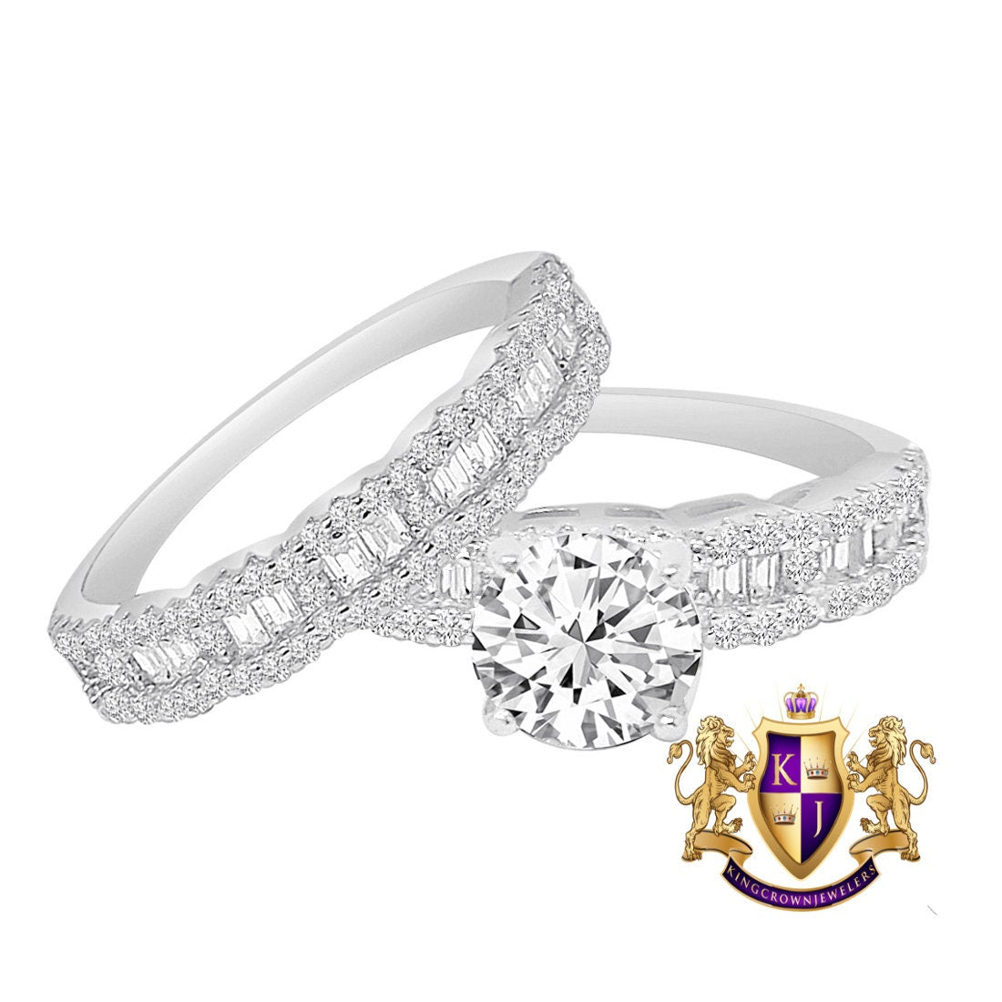 Real Sterling Silver 14K White Gold Over Simulated Diamond 2 Piece Ladies Women's Wedding Engagement Bridal Rings Band Set