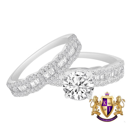 Real Sterling Silver 14K White Gold Over Simulated Diamond 2 Piece Ladies Women's Wedding Engagement Bridal Rings Band Set