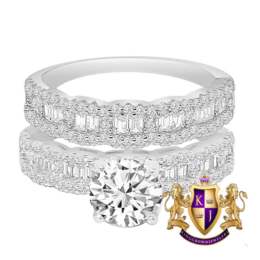 Real Sterling Silver 14K White Gold Over Simulated Diamond 2 Piece Ladies Women's Wedding Engagement Bridal Rings Band Set