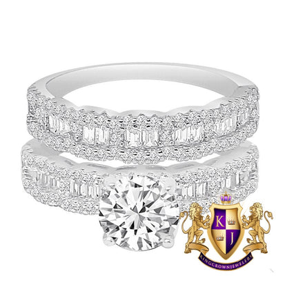 Real Sterling Silver 14K White Gold Over Simulated Diamond 2 Piece Ladies Women's Wedding Engagement Bridal Rings Band Set