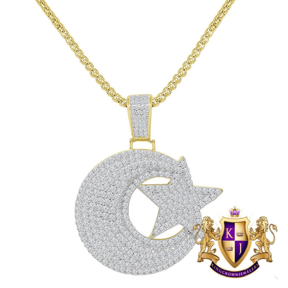 20+ Grams 3D Genuine Sterling Silver Allah Muslim Islamic Crescent Moon and Star Charm 2.00 Cwt. Simulated Diamond Pendant Chain Neckless