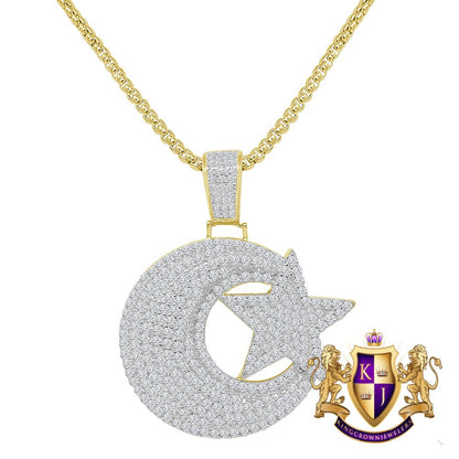 20+ Grams 3D Genuine Sterling Silver Allah Muslim Islamic Crescent Moon and Star Charm 2.00 Cwt. Simulated Diamond Pendant Chain Neckless