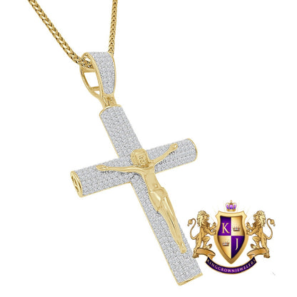 Real Italian Sterling Silver Simulate Diamond 10K Gold Over Jesus Christ Crucifix Cross Piece 3D Charm Religious Pendent 2.25''