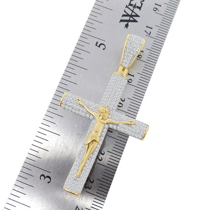 Real Italian Sterling Silver Simulate Diamond 10K Gold Over Jesus Christ Crucifix Cross Piece 3D Charm Religious Pendent 2.25''