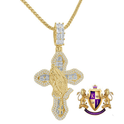 Baguette Real Genuine Starling Silver Simulated Diamond 14K Gold Over Jesus Cross Pendent Praying Hand Charm Chain Set 2.25