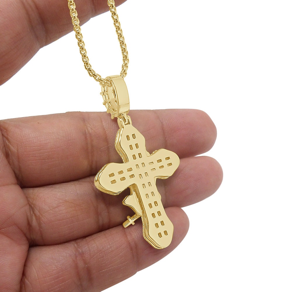 Baguette Real Genuine Starling Silver Simulated Diamond 14K Gold Over Jesus Cross Pendent Praying Hand Charm Chain Set 2.25