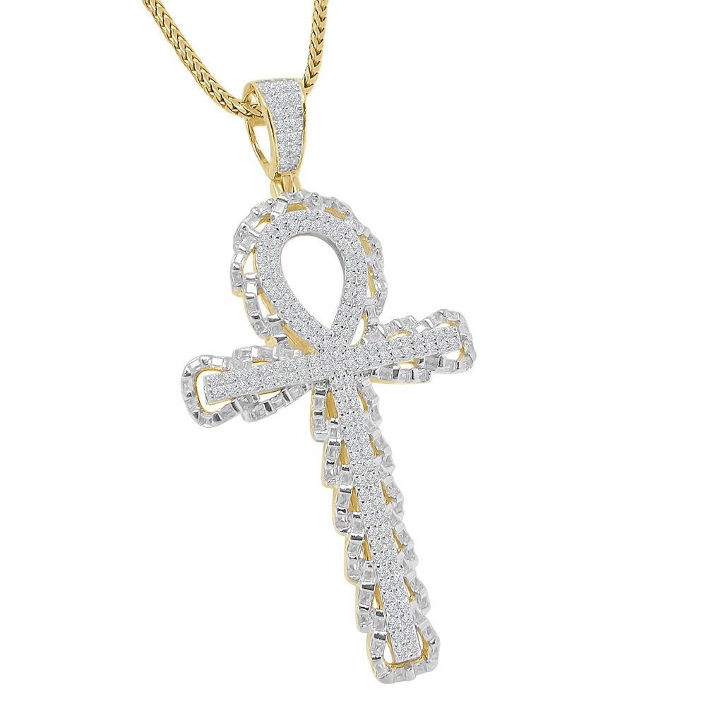 Real Genuine Sterling Silver 2.00 Cwt. Simulate Diamond 14K Gold Finish Egyptian Ankh Cross Unisex Charm Pendant Chain Neckless Set 2.40''