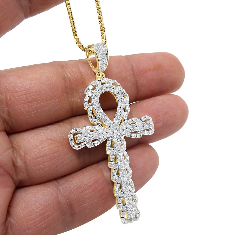 Real Genuine Sterling Silver 2.00 Cwt. Simulate Diamond 14K Gold Finish Egyptian Ankh Cross Unisex Charm Pendant Chain Neckless Set 2.40''