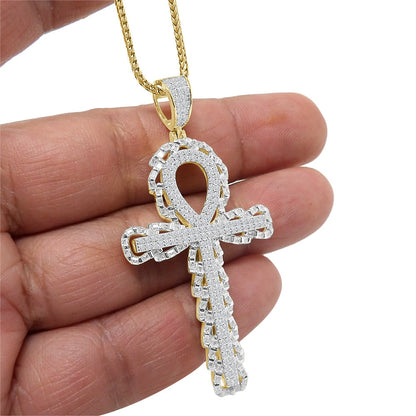 Real Genuine Sterling Silver 2.00 Cwt. Simulate Diamond 14K Gold Finish Egyptian Ankh Cross Unisex Charm Pendant Chain Neckless Set 2.40''