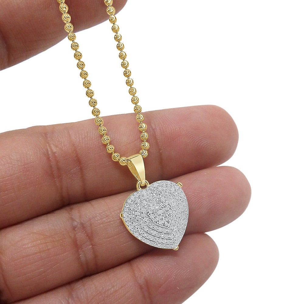 Real Genuine Diamond 0.60 Cwt. 10K Gold Finish LOVE Heart Mini Pendent Charm Chain Set 1''