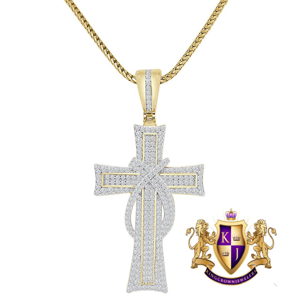 Unisex Real Italian Sterling Silver Simulate Diamond 10K Gold Over Jesus Christ Cross Piece Charm Religious Pendent 2''
