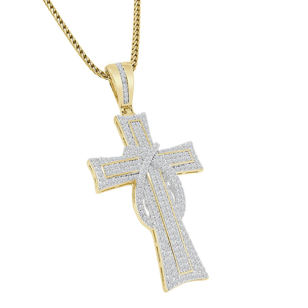 Unisex Real Italian Sterling Silver Simulate Diamond 10K Gold Over Jesus Christ Cross Piece Charm Religious Pendent 2''
