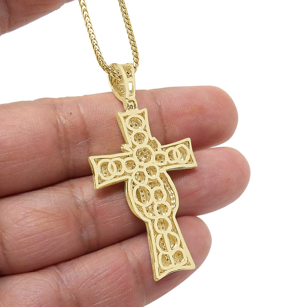 Unisex Real Italian Sterling Silver Simulate Diamond 10K Gold Over Jesus Christ Cross Piece Charm Religious Pendent 2''