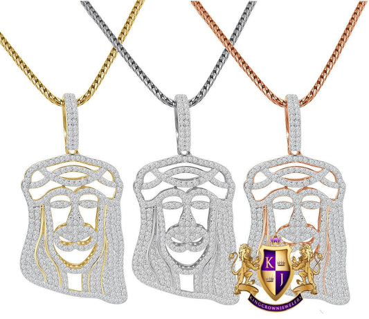 Unisex Real Genuine Sterling Silver Simulate Diamond 10K Gold Over Jesus Christ Face Piece Charm Religious Pendent 1.75''