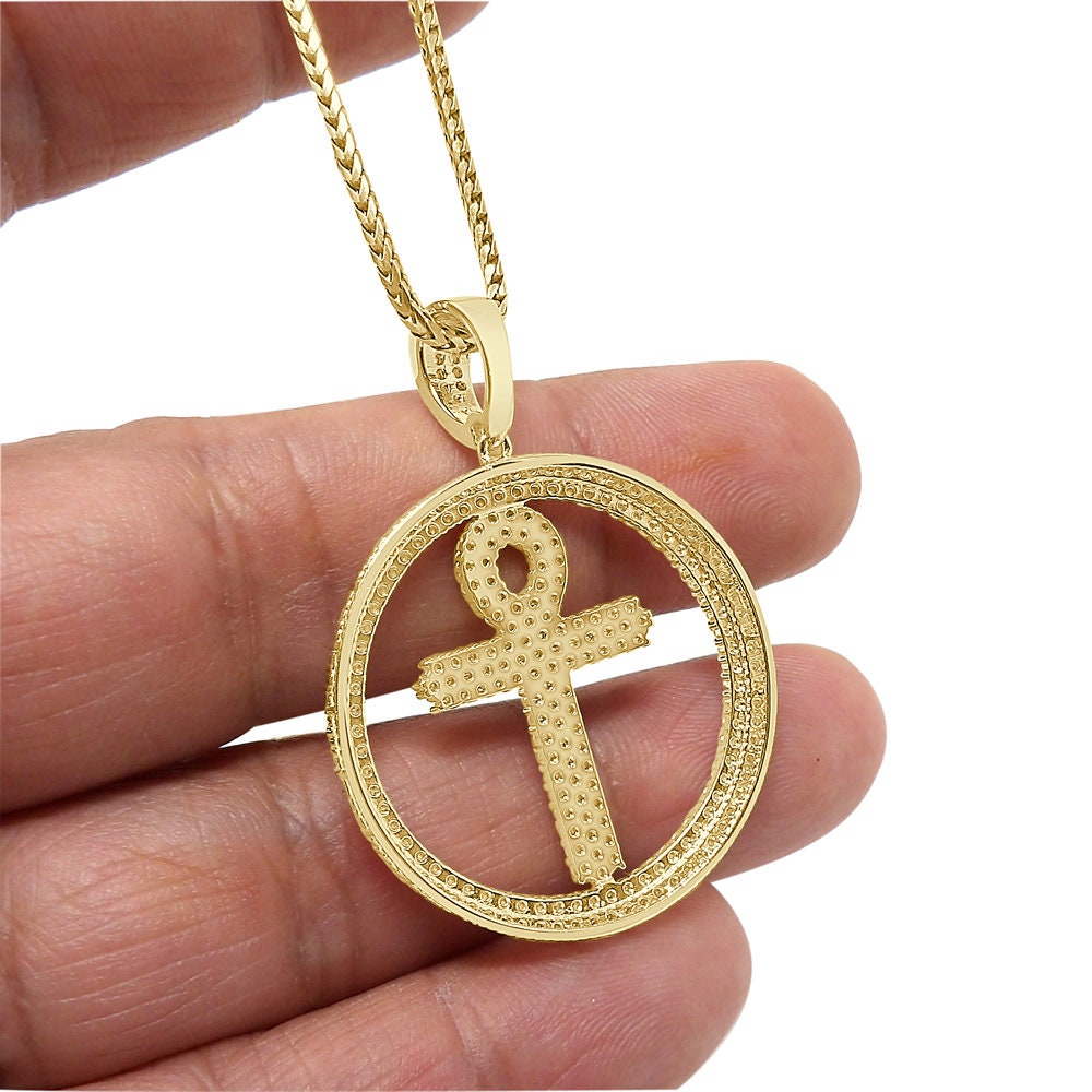 Real Genuine Sterling Silver 2.00 Cwt. Simulate Diamond 10K Gold On Egyptian Ankh Cross Unisex Medallion Charm Pendant Chain Neckless 1.75''