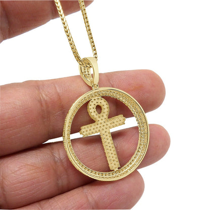 Real Genuine Sterling Silver 2.00 Cwt. Simulate Diamond 10K Gold On Egyptian Ankh Cross Unisex Medallion Charm Pendant Chain Neckless 1.75''