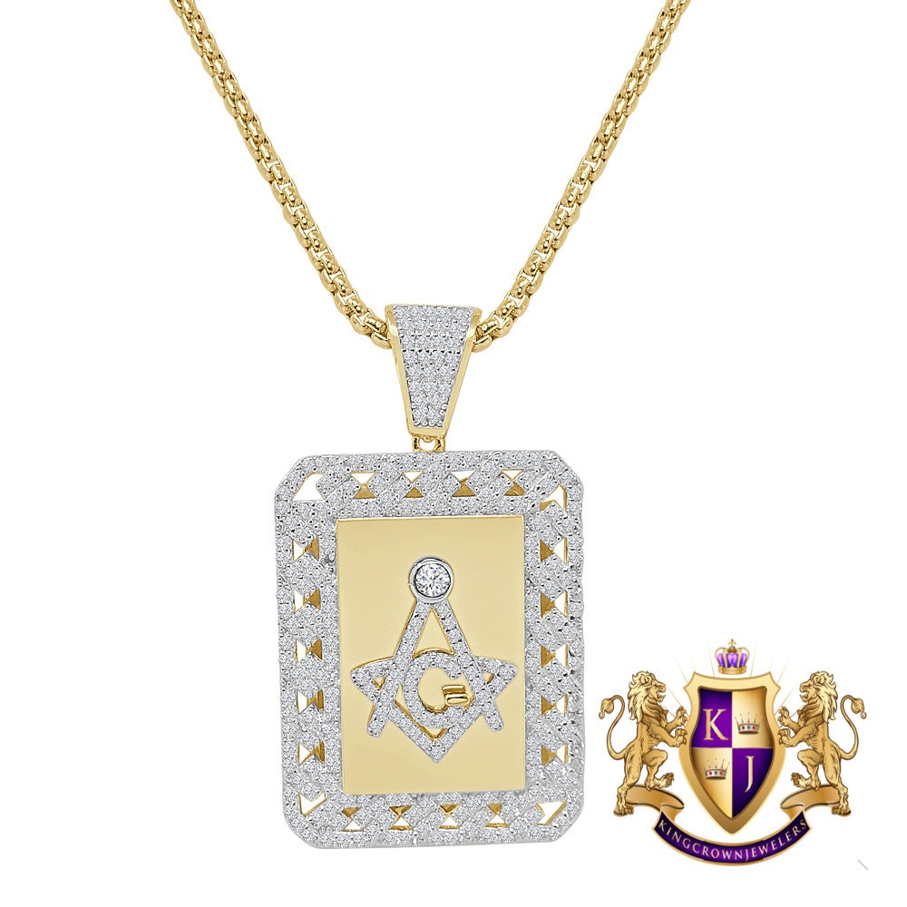 Men's Real Genuine Sterling Silver G Compass Masonic Freemason 14K Gold Over Simulated Diamond Frame Pendent Charm