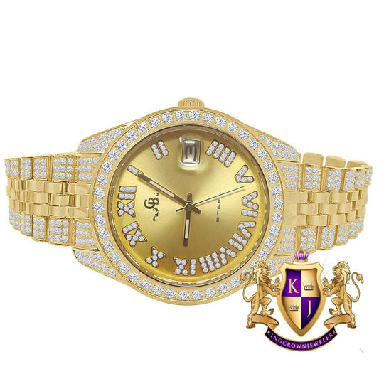 Roman Face Men's Solid Steel Solitaire Bezel 18K Yellow Gold Finish Full Iced Dial & Band Simulated Diamond Watch 42mm W/Date