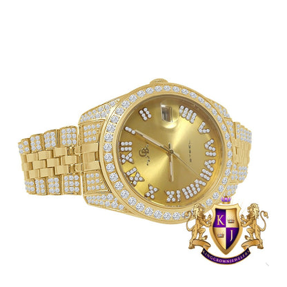 Roman Face Men's Solid Steel Solitaire Bezel 18K Yellow Gold Finish Full Iced Dial & Band Simulated Diamond Watch 42mm W/Date