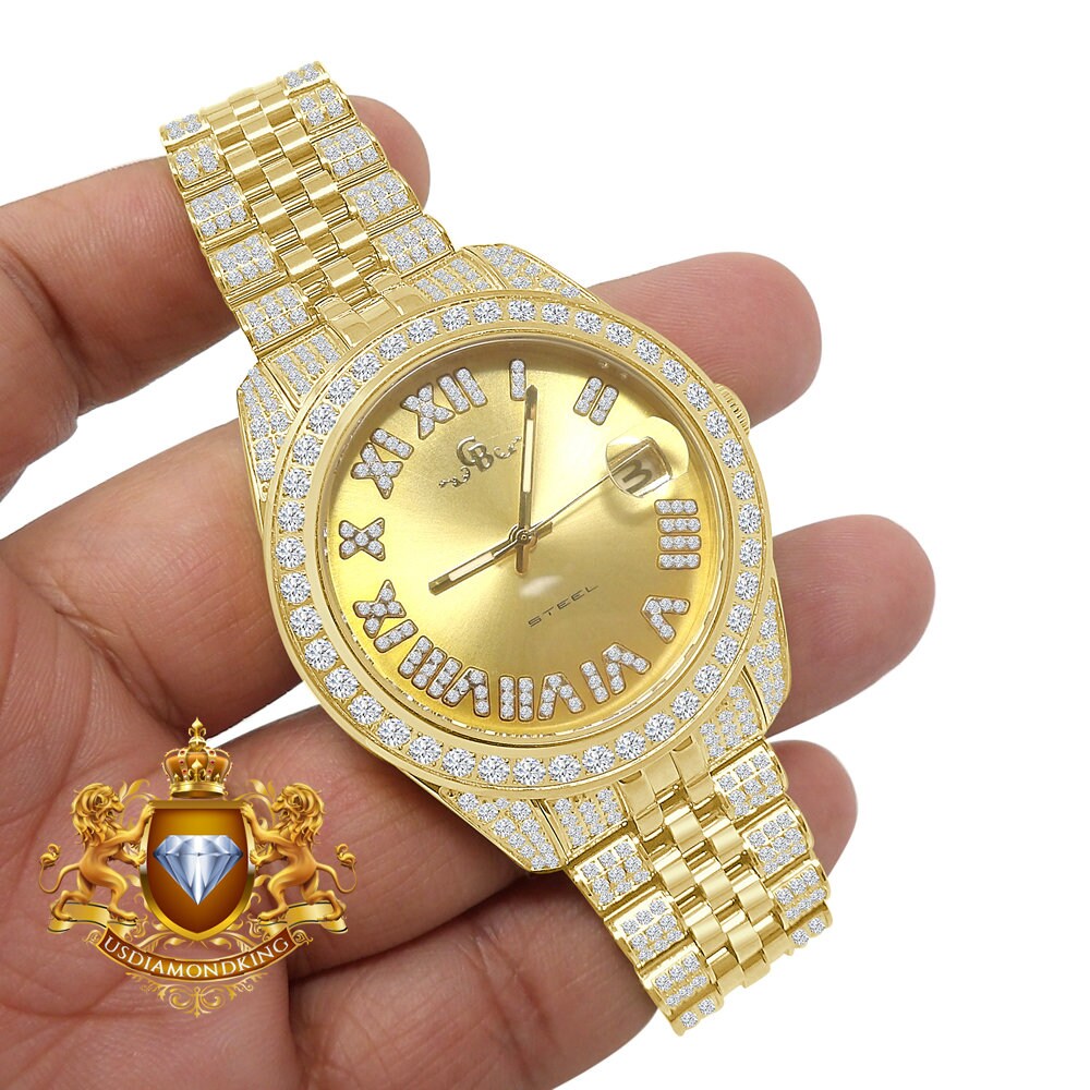 Roman Face Men's Solid Steel Solitaire Bezel 18K Yellow Gold Finish Full Iced Dial & Band Simulated Diamond Watch 42mm W/Date