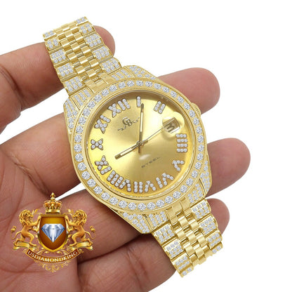 Roman Face Men's Solid Steel Solitaire Bezel 18K Yellow Gold Finish Full Iced Dial & Band Simulated Diamond Watch 42mm W/Date