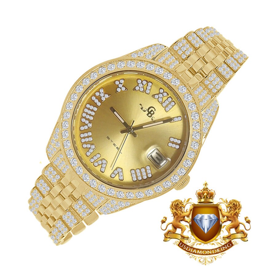 Roman Face Men's Solid Steel Solitaire Bezel 18K Yellow Gold Finish Full Iced Dial & Band Simulated Diamond Watch 42mm W/Date